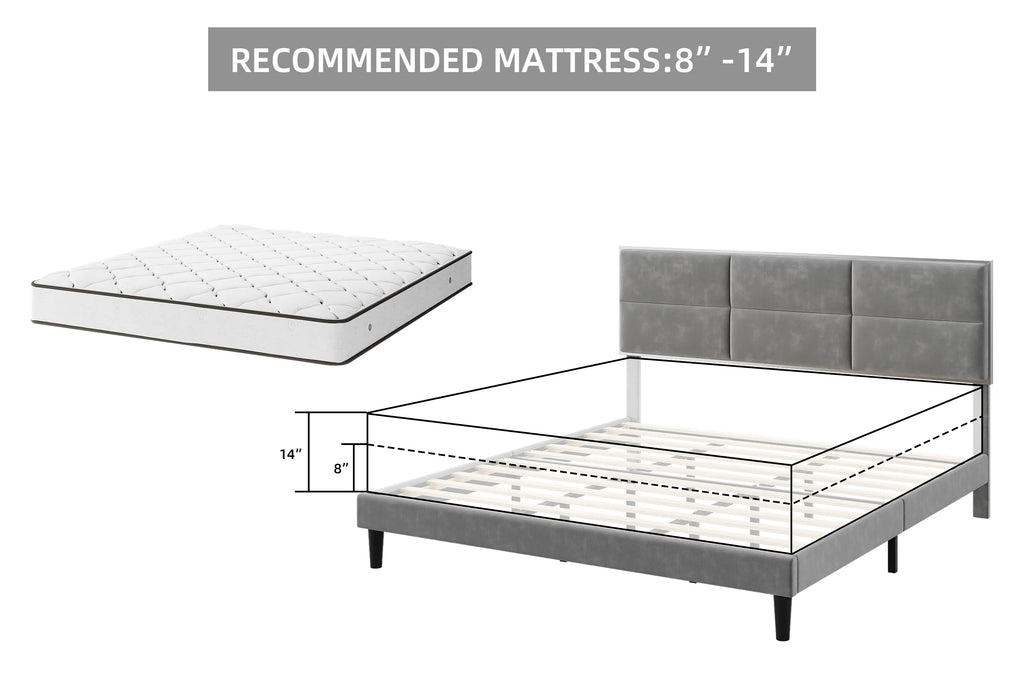 Homhougo King Size Bed Frame Upholstered Platform, Bed Frame with Square Velvet Headboard, Wooden Slats Support, Non-Slip and Noise-Free, No Box Spring Needed, Easy Assembly(Light Gray)