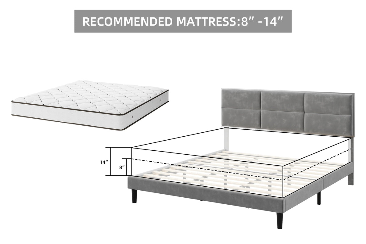 Homhougo King Size Bed Frame Upholstered Platform, Bed Frame with Square Velvet Headboard, Wooden Slats Support, Non-Slip and Noise-Free, No Box Spring Needed, Easy Assembly(Light Gray)