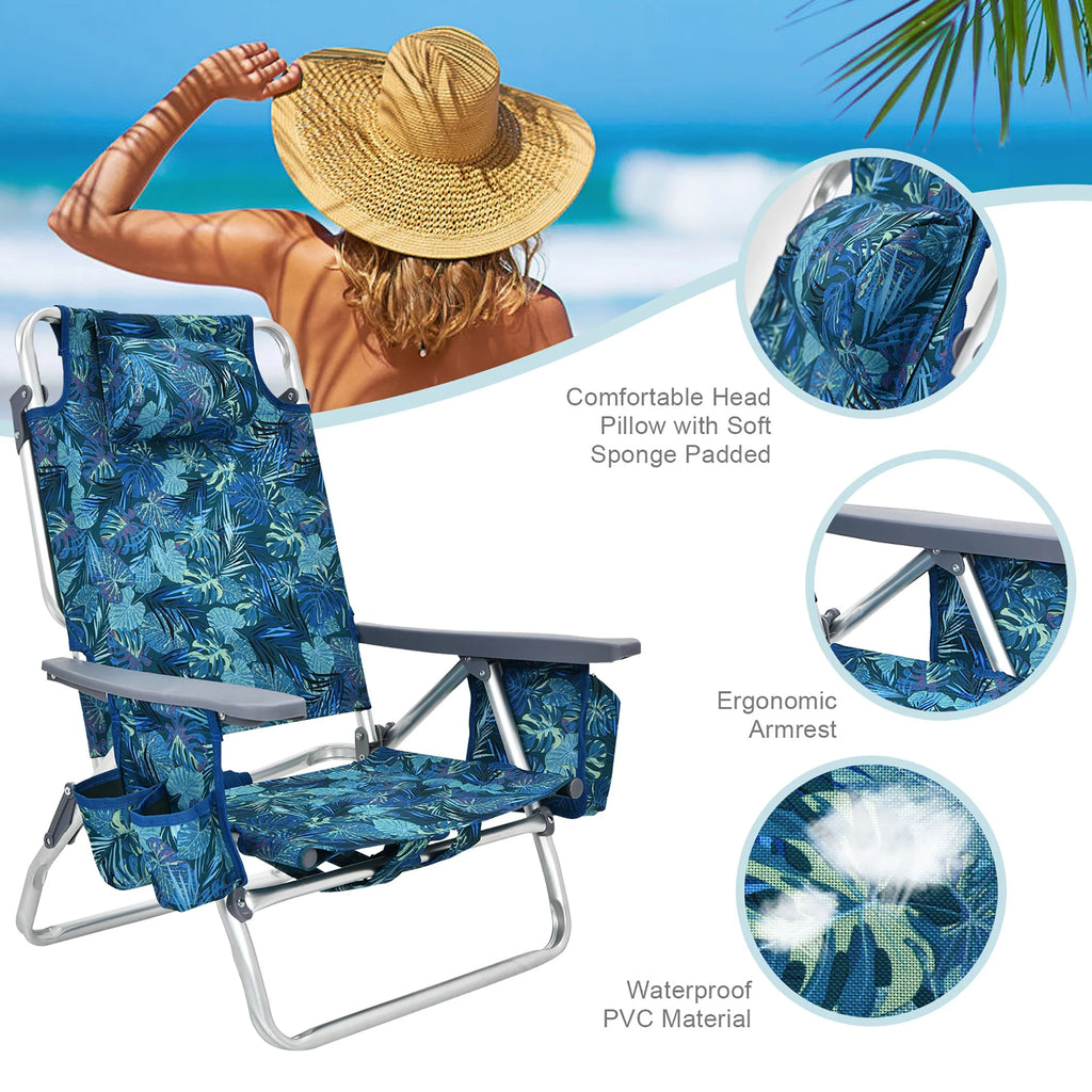 Costway 2-Pack Folding Backpack Beach Chair Table Set 5-Position Outdoor Reclining Chair Pink