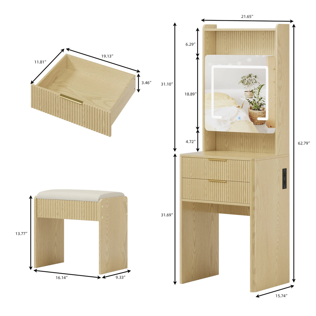 UGTOO 45.2" Modern Vanity Desk with LED Mirror & USB Charging, Wood Makeup Dressing Table with 7 Drawers for Bedroom