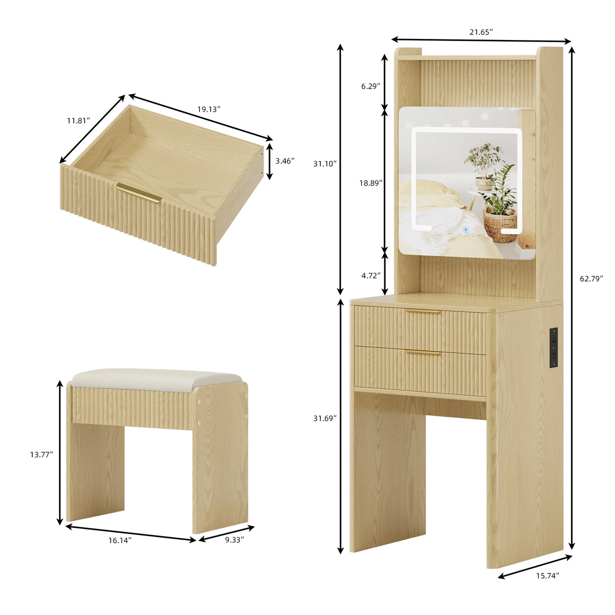 UGTOO 45.2" Modern Vanity Desk with LED Mirror & USB Charging, Wood Makeup Dressing Table with 7 Drawers for Bedroom