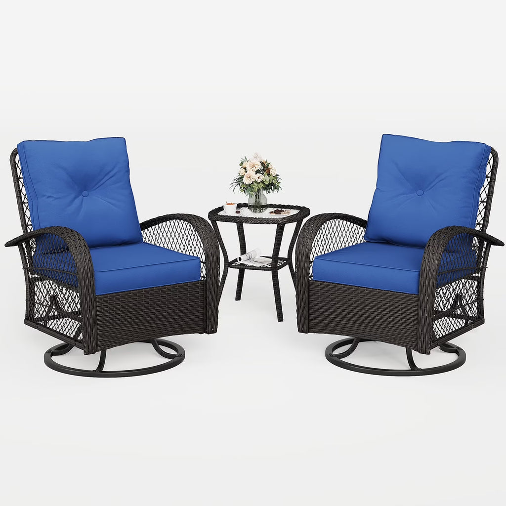 MRUAKA 3 Pieces Patio Furniture Set, Outdoor Swivel Gliders Rocker, Wicker Patio Bistro Set with Rattan Rocking Chair, Glass Top Side Table and Thickened Cushions (Khaki)