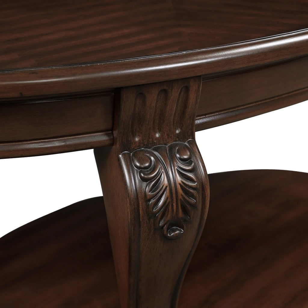 42" Oval Coffee Table with Storage Shelf, 2-Tier Solid Wood Cocktail Tea Table, Traditional Retro Center Table for Living Room, Bearing 400LBS, Cherry