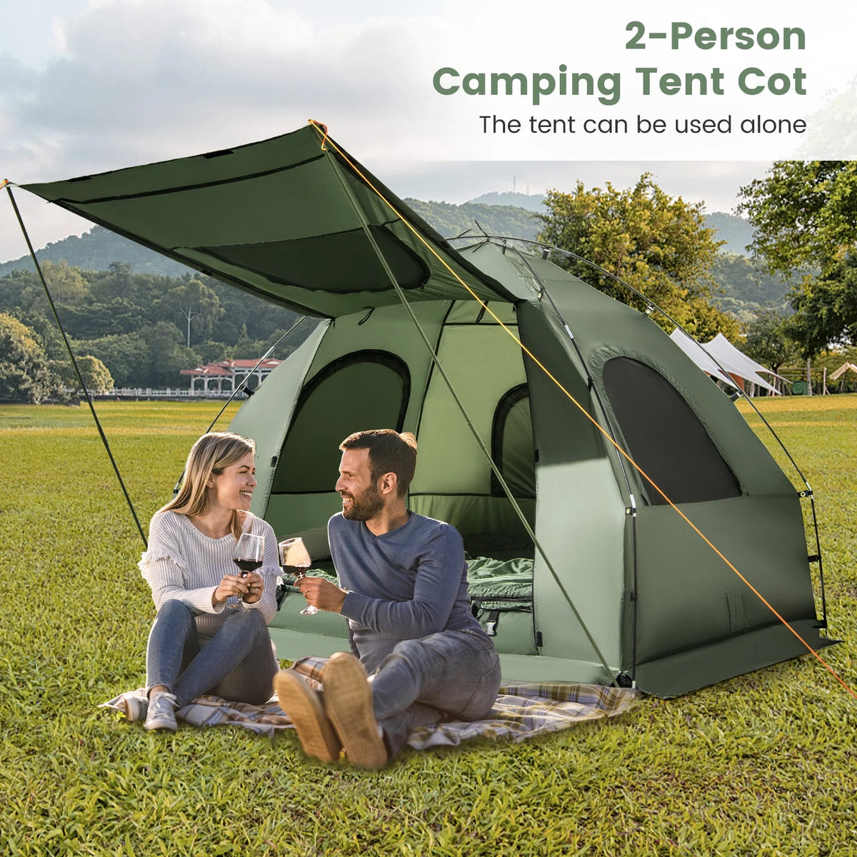 Gymax 2-Person Camping Tent Cot 5-in-1 Folding Camping Bed w/ Air Mattress Pillow Sleeping Bag