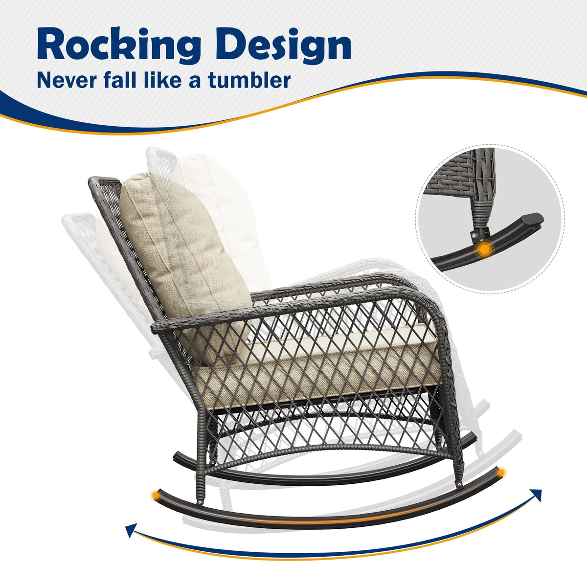 ELPOSUN 3-Piece Outdoor Rocking Chairs, Wicker Patio Furniture with Thickened Cushions and Table for Porch