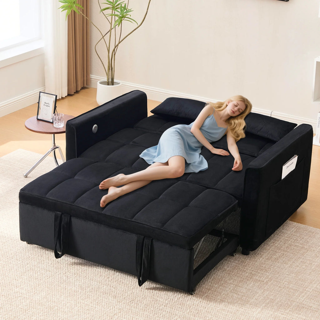 BINBANK Black Velvet 3-in-1 Convertible Sleeper Sofa Bed a?? USB Charging, Adjustable Backrest Pull-Out Futon Loveseat Couch for Living Room, Apartment & Small Space
