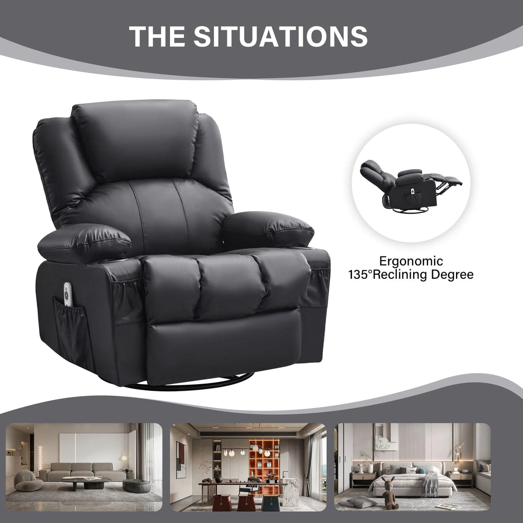 JONPONY Manual Recliner Chair with Heat Therapy and Massage Function, Heavy Duty Reclining Mechanism Massage Chair, Elderly Single Rocker Sofa with Cup Holders for Bedroom Home Theater,Black