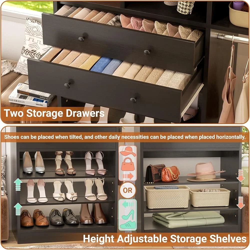 iSunirm 5FT Closet System with Drawers,5FT Closet System with Drawers, 60" Closet Organizer System with 2 Hanging Shelving Perfect Storage Solution for Organizing Your Closet