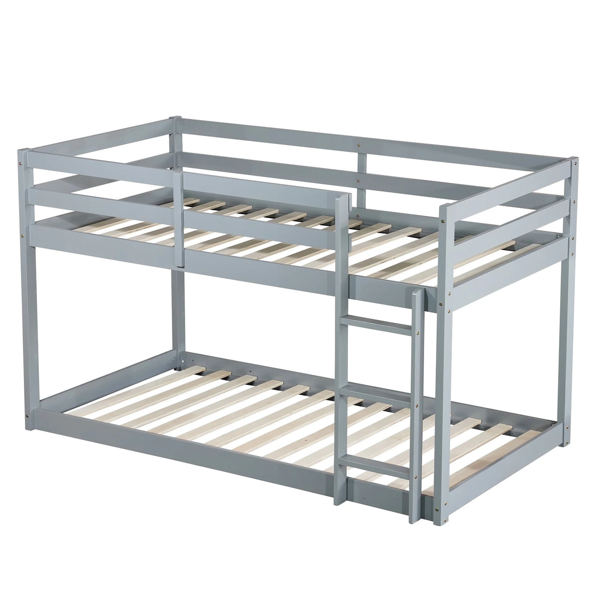 Twin Over Twin Floor Bunk Bed, UHOMEPRO Solid Wood Low Bunk Bed with Safety Rail, Ladder, Heavy Duty Bunk Beds, Space-Saving Bedroom Dorm Furniture, Gray