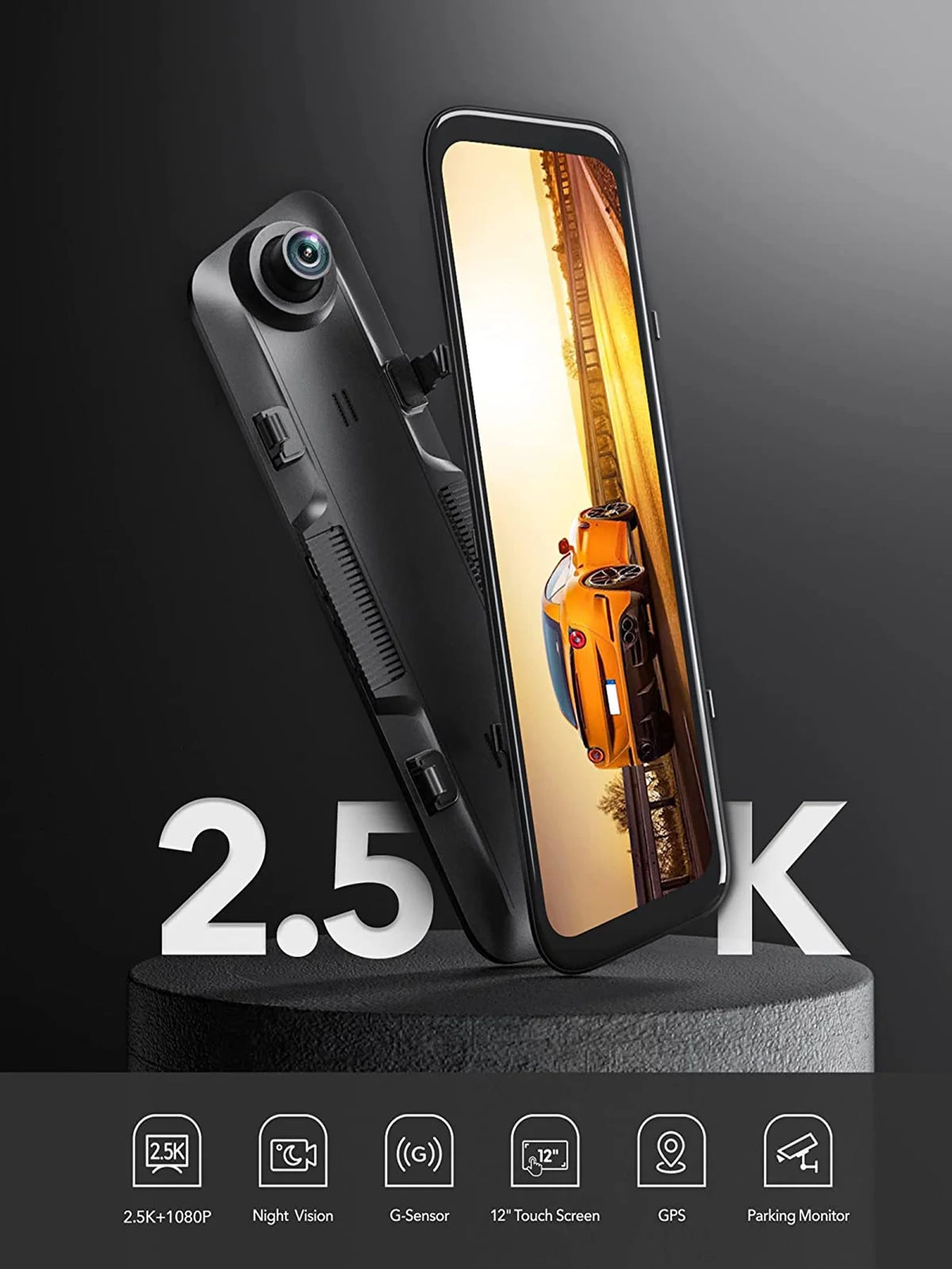 WolfBox Rear View Mirror Dash Cam, 2.5K Front + 1080P Rear Camera, 12'' Screen Mirror Car Dash Cam with Night Vision, Built-in Wi-Fi & GPS, 24H Parking Monitor, Free 32GB Card