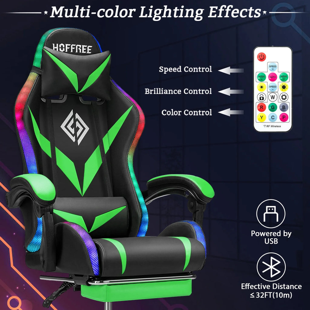 Hoffree Gaming Chair with Speakers PU Leather Office Chair with Footrest and LED Lights Ergonomic Gamer Chair with Massage Lumbar Support and Headrest Adjustable Swivel for Home Office 300lb