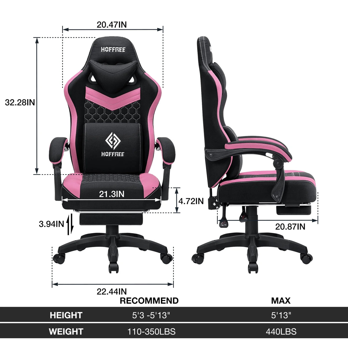 Hoffree Gaming Chair with Massage Fabric Office Chair with footrest for Adults, Ergonomic Gamer Chair with Headrest and Lumbar Support for Office Gaming, 440 LBS