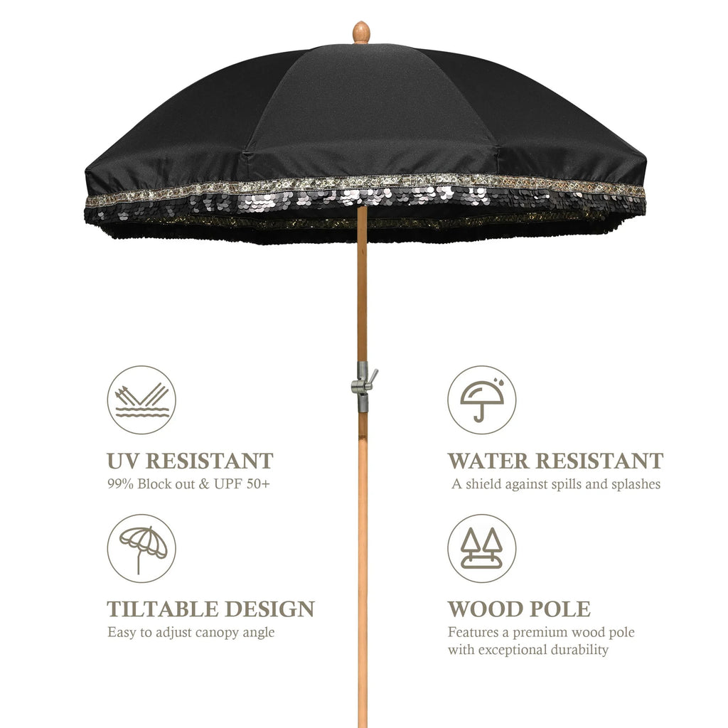 LAGarden 6 Ft Fringe Patio Umbrella with Tassel Jazz Age Wood UPF50+ for Outdoor, Beige with gold tassel,Model: JZ6-01