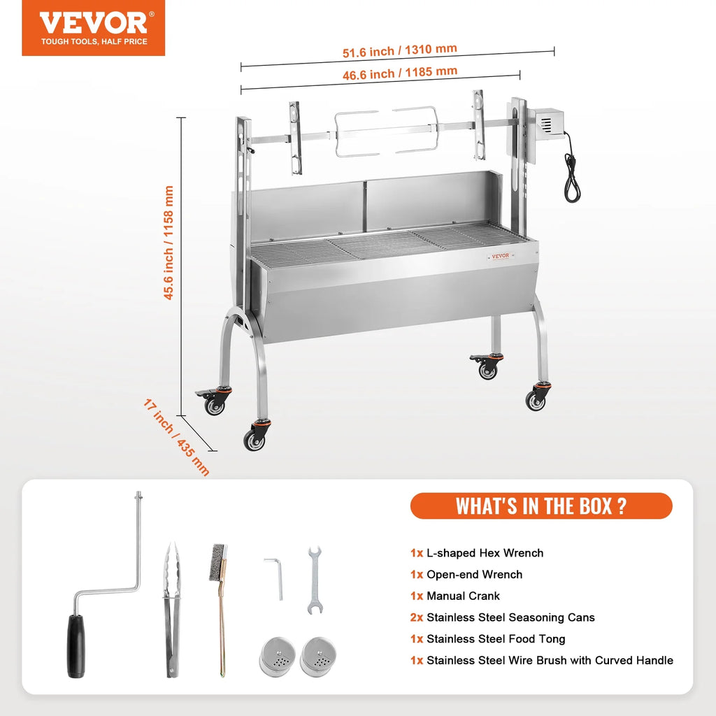 VEVOR Rotisserie Grill with Windscreen, BBQ Whole Pig Lamb Goat Charcoal Spit Grill, 46 Inch 132 Lbs Capacity, Electric 52W Motor Stainless Steel Roaster with Lockable Wheels, for Camping Outdoor