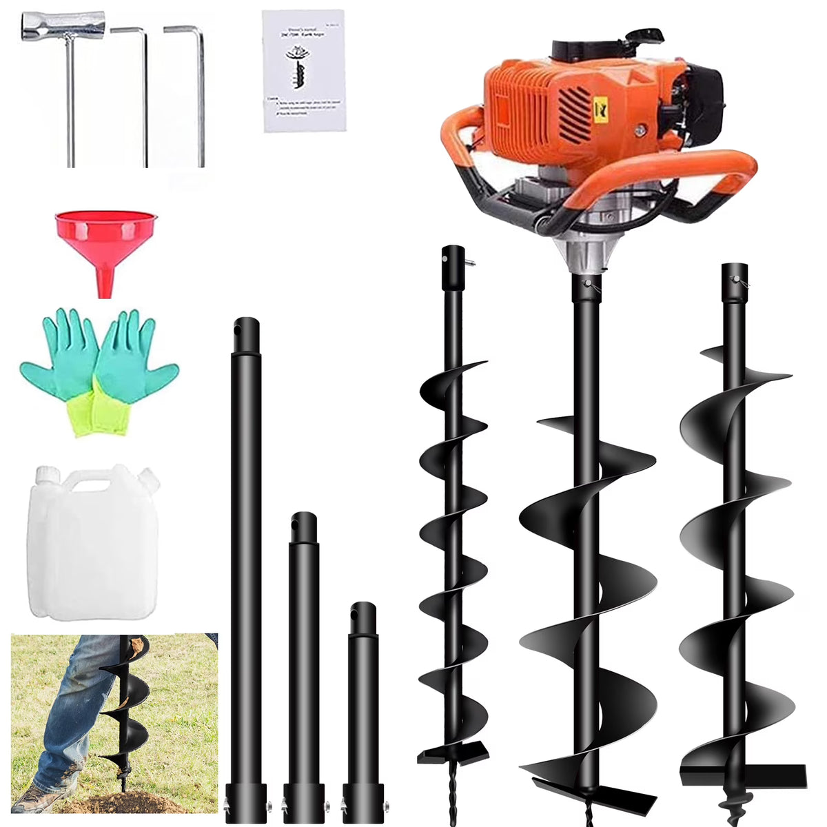 PRIJESSE Gas Powered Earth Digger Post Hole Digger with 3 Extension Rods + 3 Auger Drill Bits