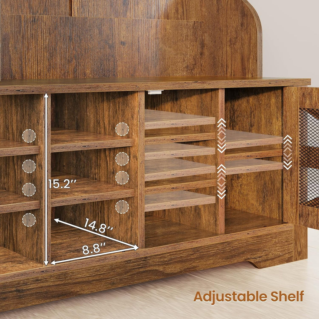Hall Tree with Coat Rack and 16 Shoe Cubbies, 5-in-1 Entryway Bench with Bench and Shoe Storage, Barn Door & Adjustable Shelf, Embossed White