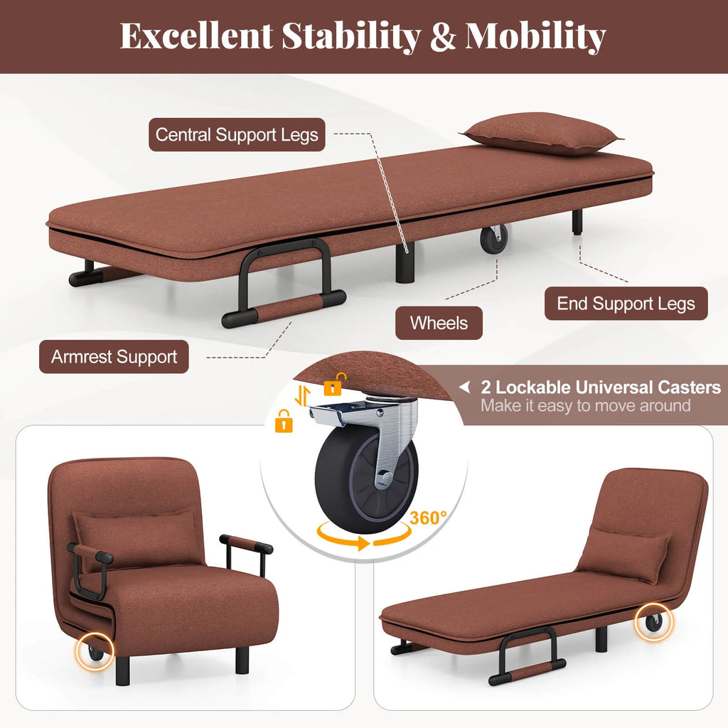 Costway 3-in-1 Convertible Sofa Bed with 5-Position Adjustable Backrest & Lumbar Pillow Brown