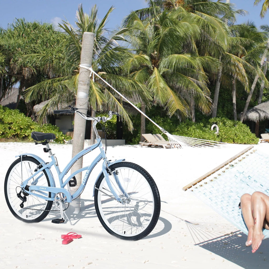 iYofe 26 inch Beach Cruiser Bike for Women Shimano 7 Speed Womens Bike, 85% Assembled, Womens Bike, Light Blue