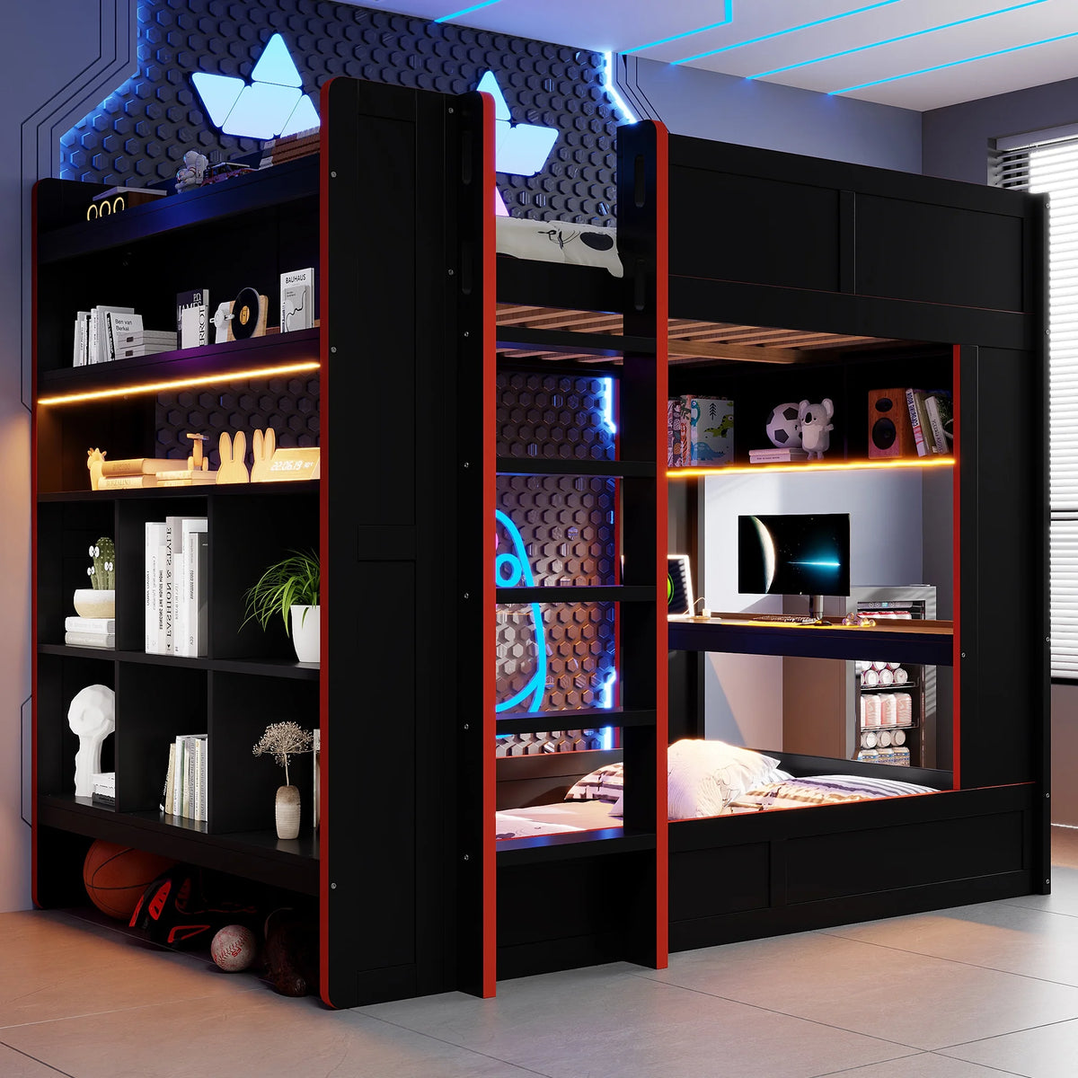 Euroco Wood Full Size Loft Bed with Desk and Shelves, Gaming Bunk Bed with LED Light and USB Charging, Black