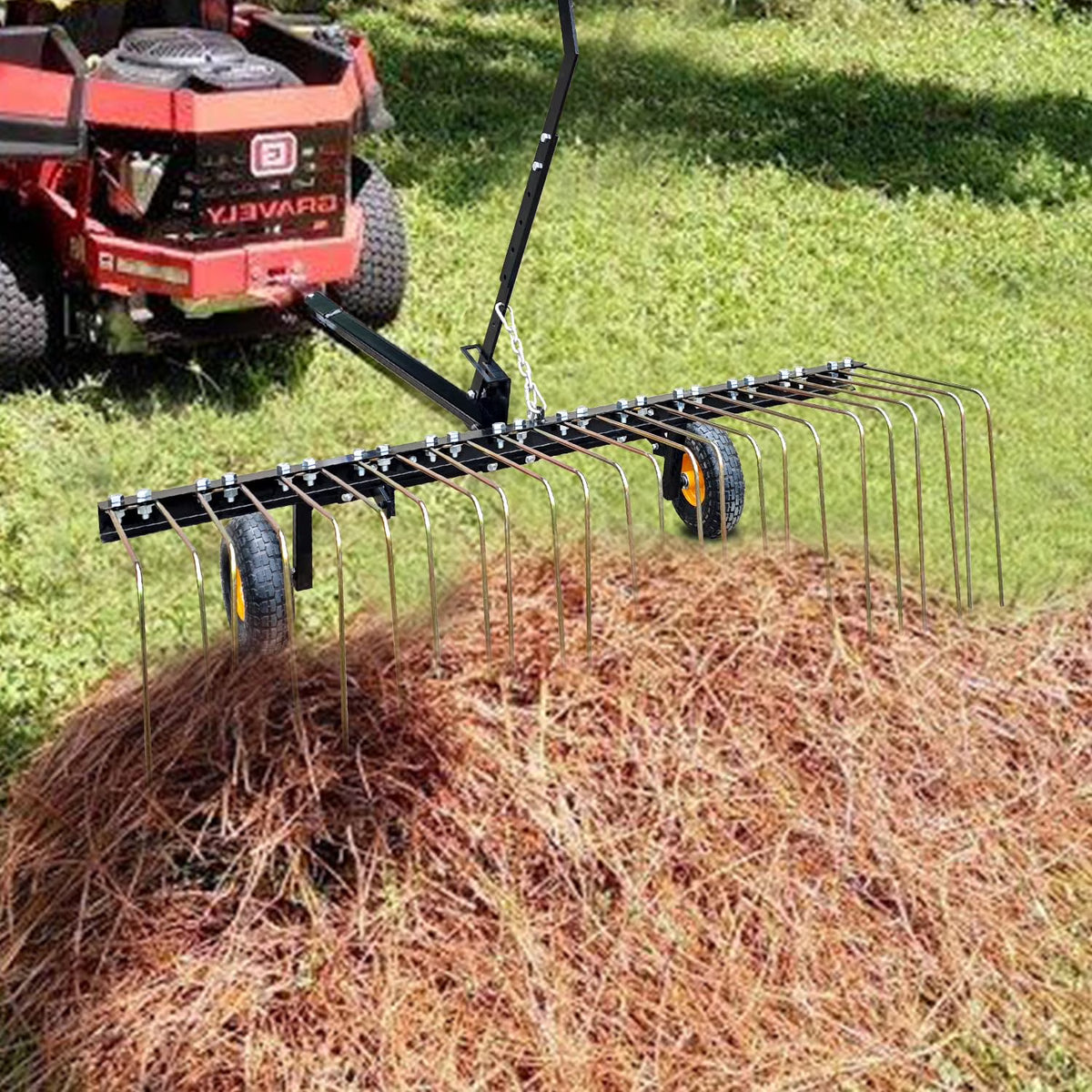 Pull Behind Rake for Riding Mower 60 Inch,Pine Straw Rake for ATV,Tow Behind Pine Needle Rake for Tractor,Tractor Rake with Lift Handle & 24 Steel Tines for Leaves,Pine Needles,Grass