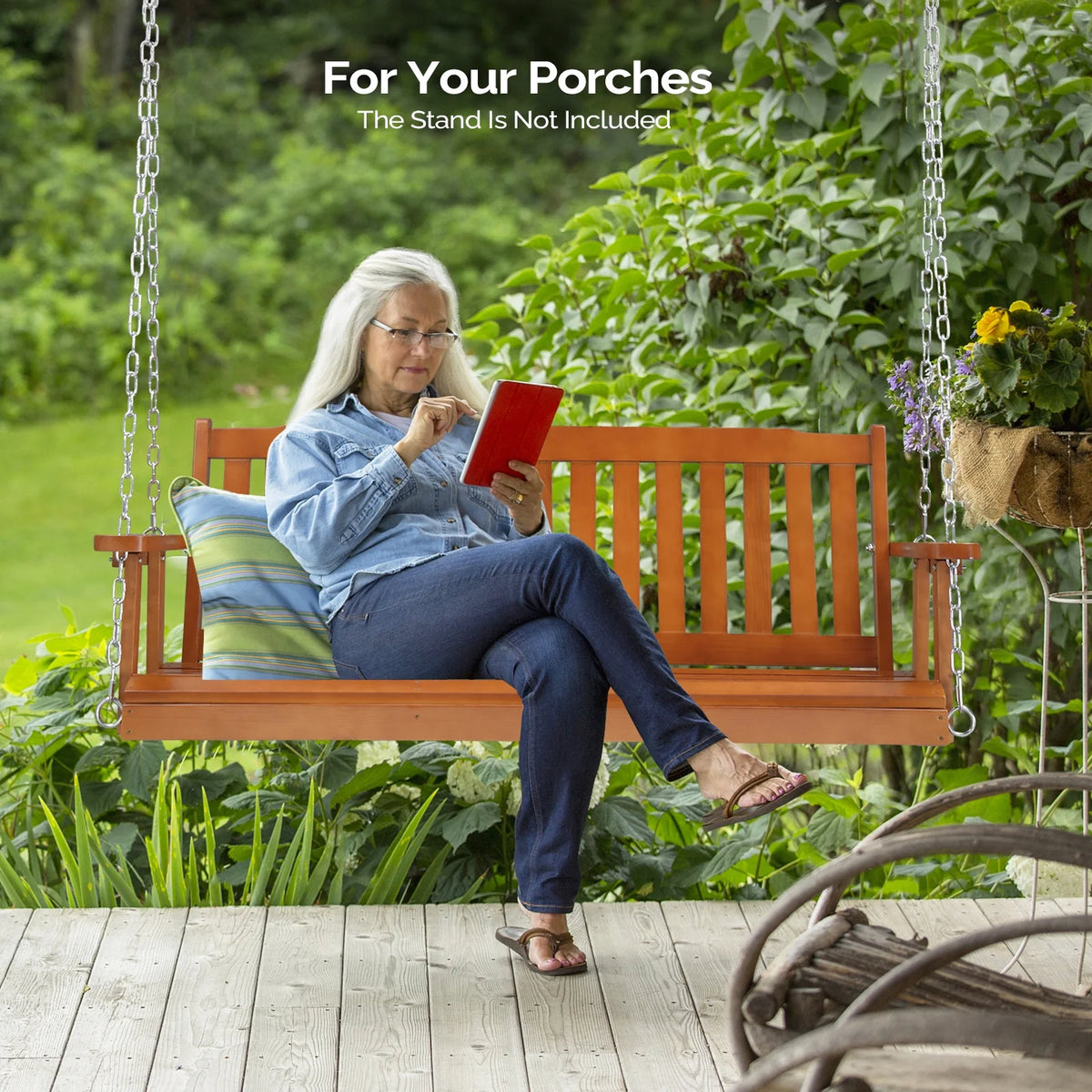 VINGLI Heavy Duty 880 LBS 4 FT Patio Wooden Porch Swing with Upgraded Adjustable Chains, Rustic