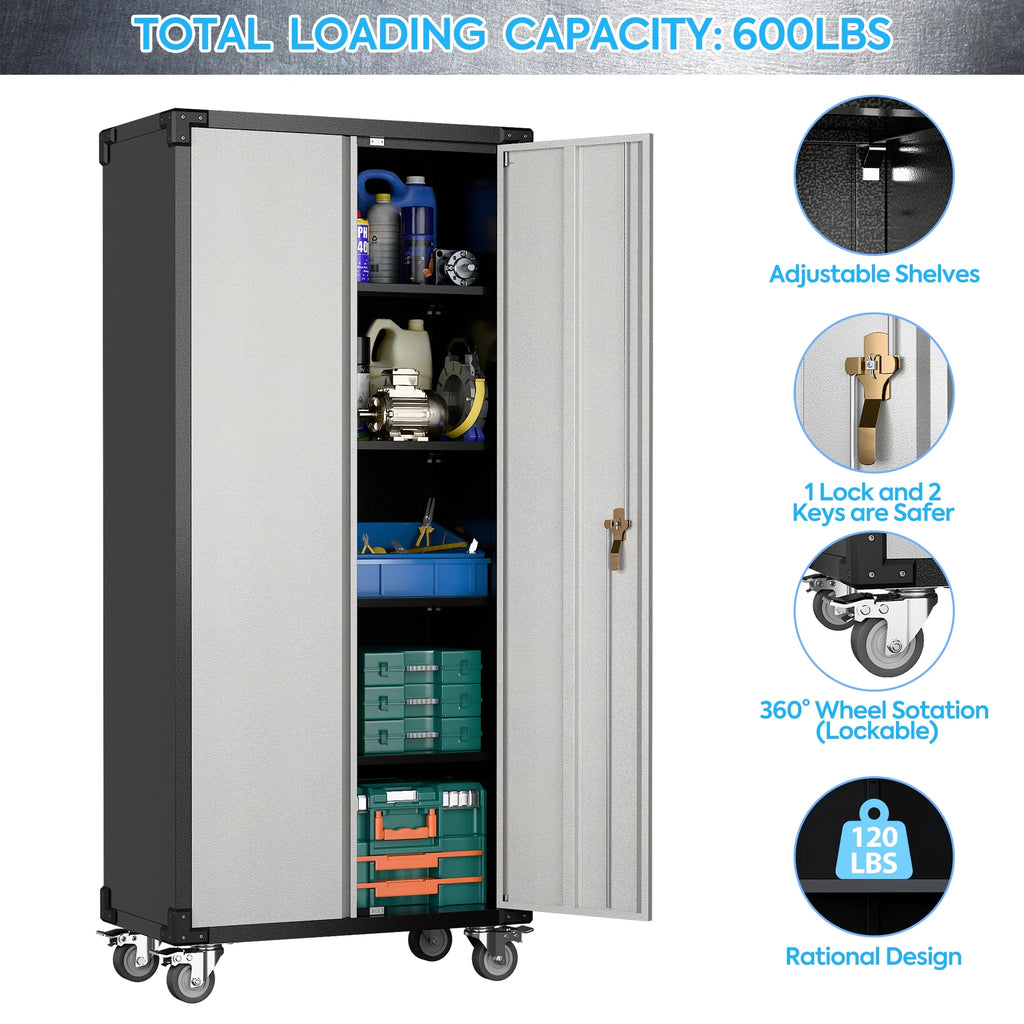 SUPEER 71" Metal Storage Cabinets with Wheels and Pegboards, Industrial Cabinet with 2 Drawers and 2 Adjustable Shelves,, Assembly Required