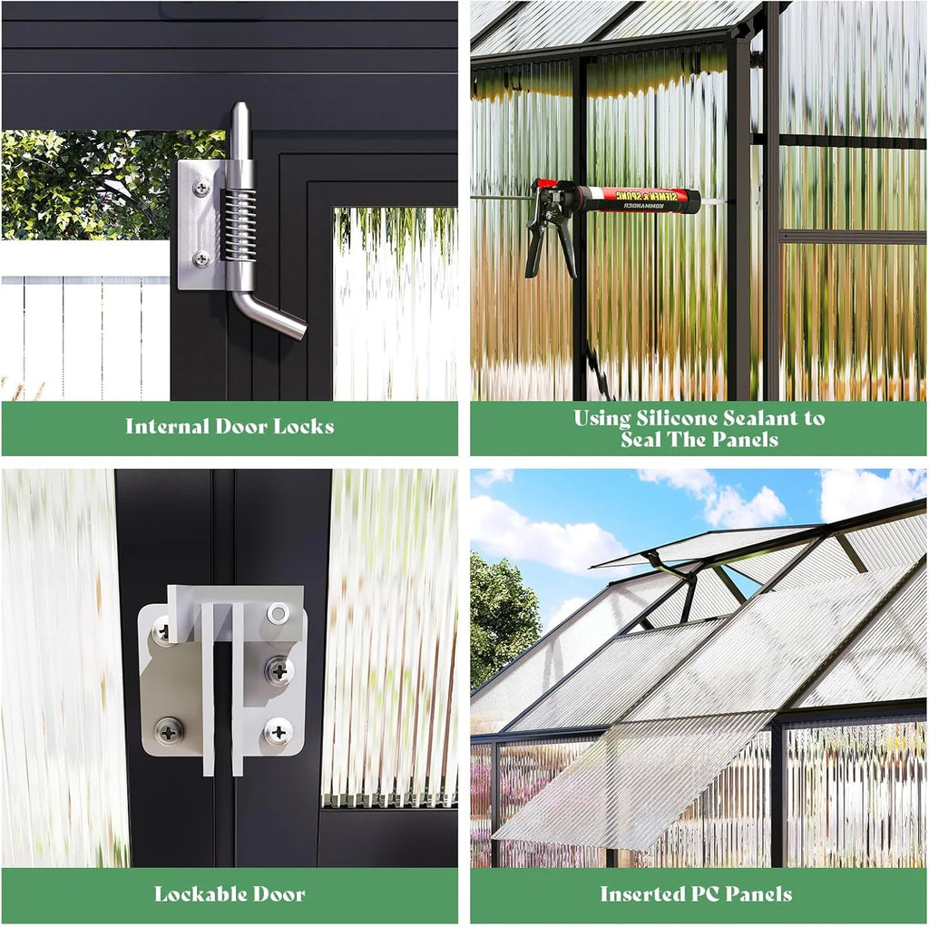 Jocisland 8x8x7 FT Polycarbonate Walk-In Greenhouse with Aluminum Frame, 2 Top-Opening Windows & 2 Swing Doors, Heavy Duty for Outdoor Garden Use, Black