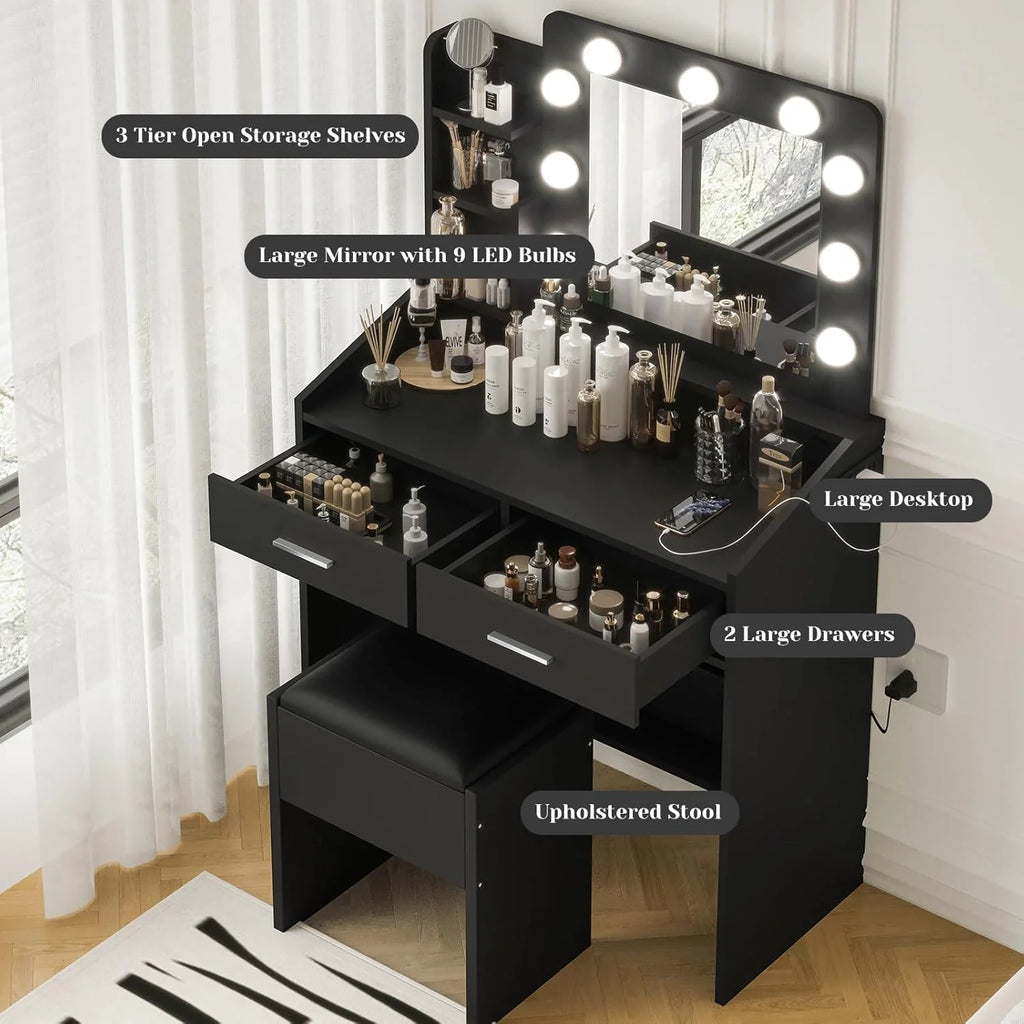 OYang Makeup Vanity with Lights, Vanity Desk with Mirror and Lights Set, Large Drawer and Two-Tier Lots Storage Cabinet, 3 Lighting Modes Adjustable Brightness