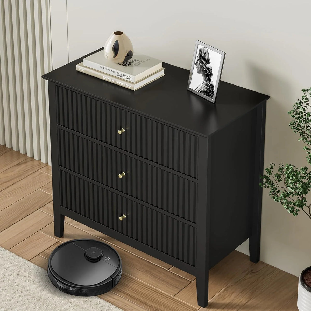 Heynemo Beige 6 Drawer Dresser, Fluted Modern Wood Chest