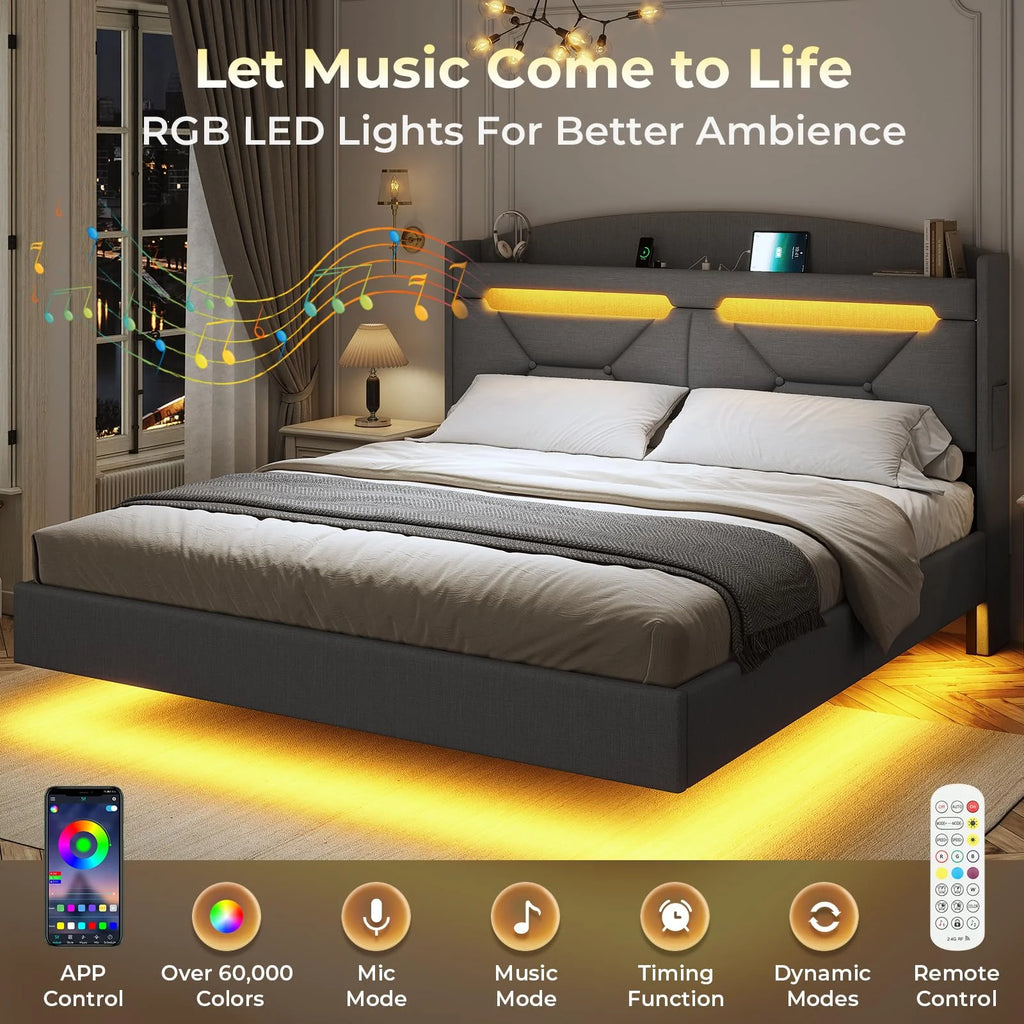 King Size Bed Frame with Storage Headboard and LED Lights,Upholstered Platform Bed with USB Port Charging,Headboard with Shelves Hidden Storage,Noise-Free,Dark Grey