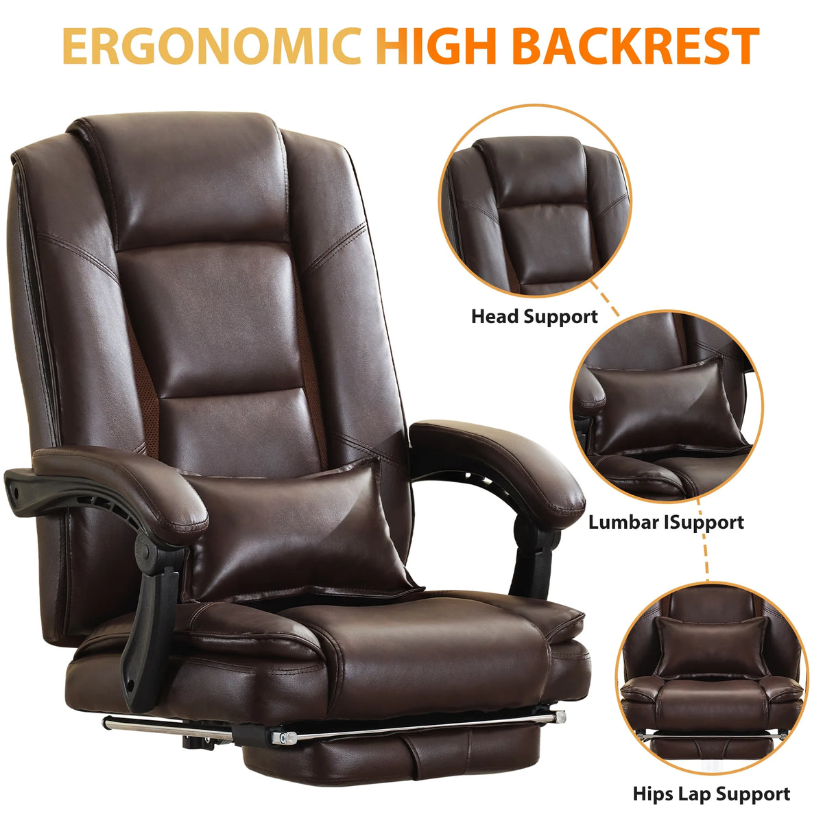 JONPONY Big and Tall Office Chair 500LBS Executive Office Chair Massage and Footrest Ergonomic Computer Desk Chair Reclining High Back Leather Office Chair Lumbar Back Support Swivel Rolling,Black