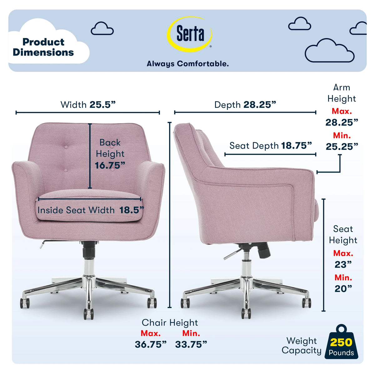 Serta Ashland Office Desk Chair, Button Tufted Mid-Back, Memory Foam Cushion, Chrome Swivel Base, Lilac Twill Fabric