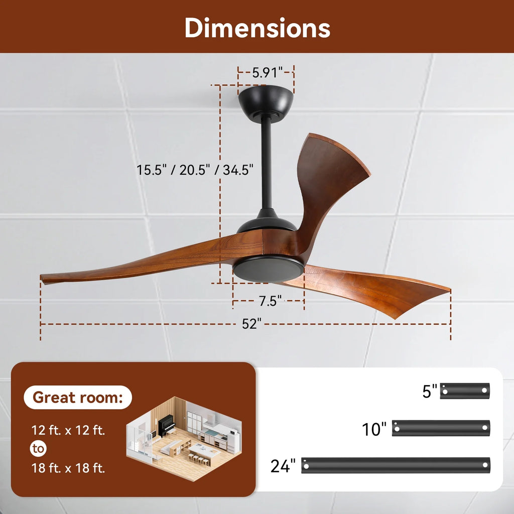 Sofucor 52" Wood Ceiling Fan No Light, 6 Wind Speeds, 3 Blades with Reverse Airflow, Black