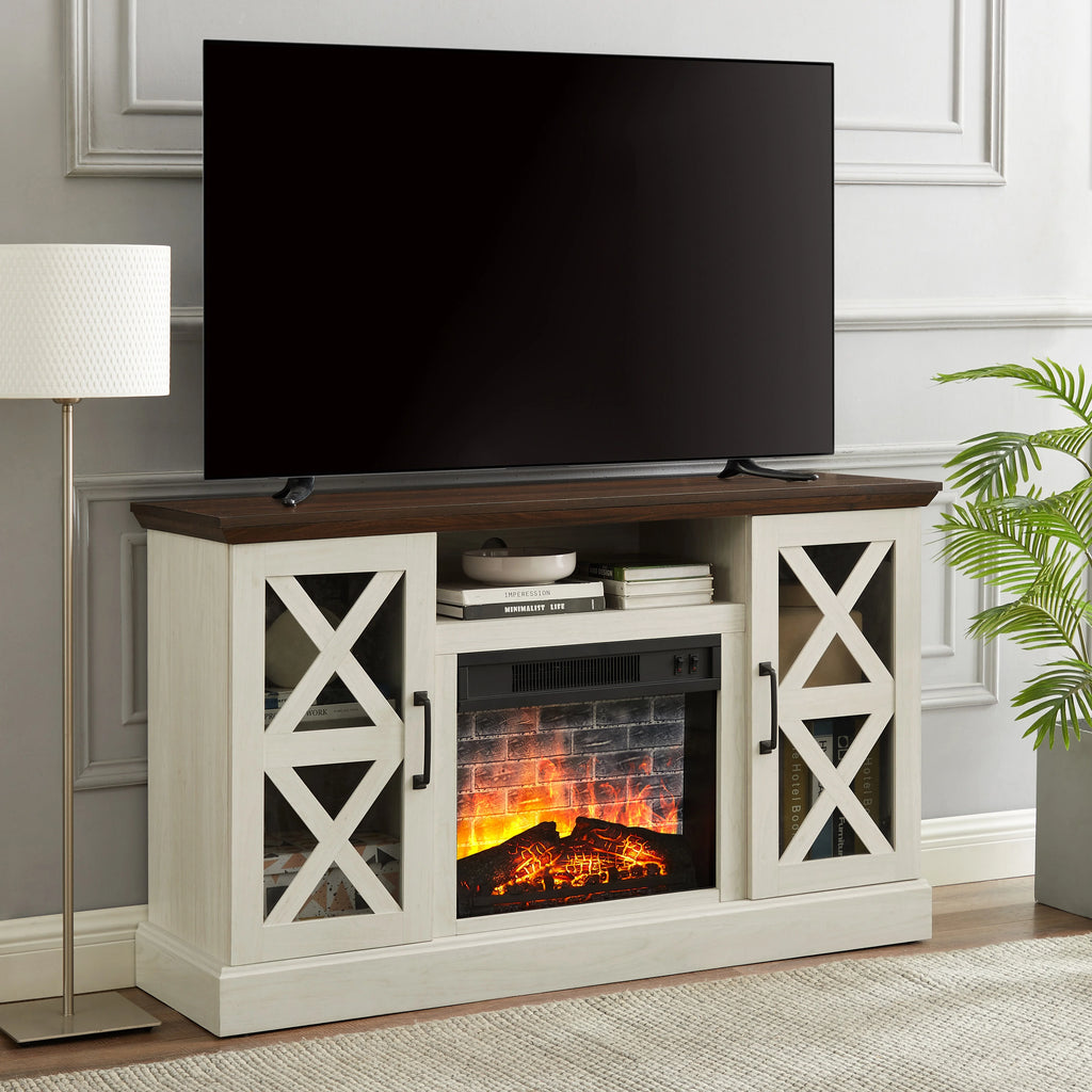 Mainstays Farmhouse Fireplace TV Stand for TVs up to 55", off White/Walnut