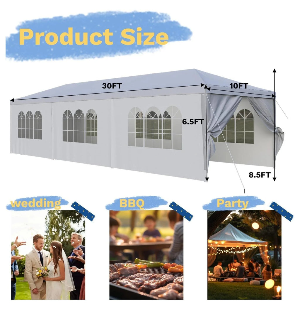 10'x30' Heavy Duty Party Tent - Waterproof Wedding Canopy with Removable Sidewalls, Event Gazebo Shelter for Outdoor Gatherings (White)