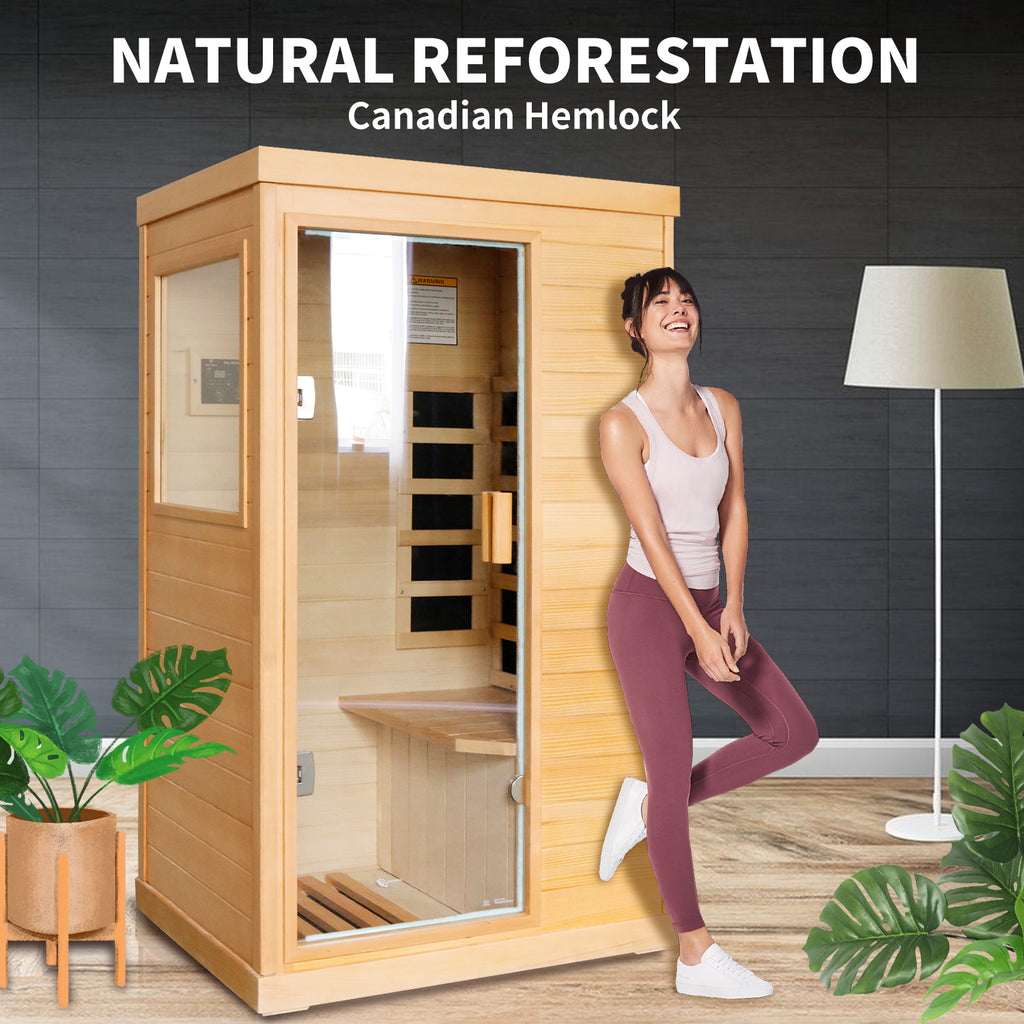 OUTEXER 800W Far Infrared Sauna with Carbon Heaters, Canadian Hemlock Wood, Indoor Use
