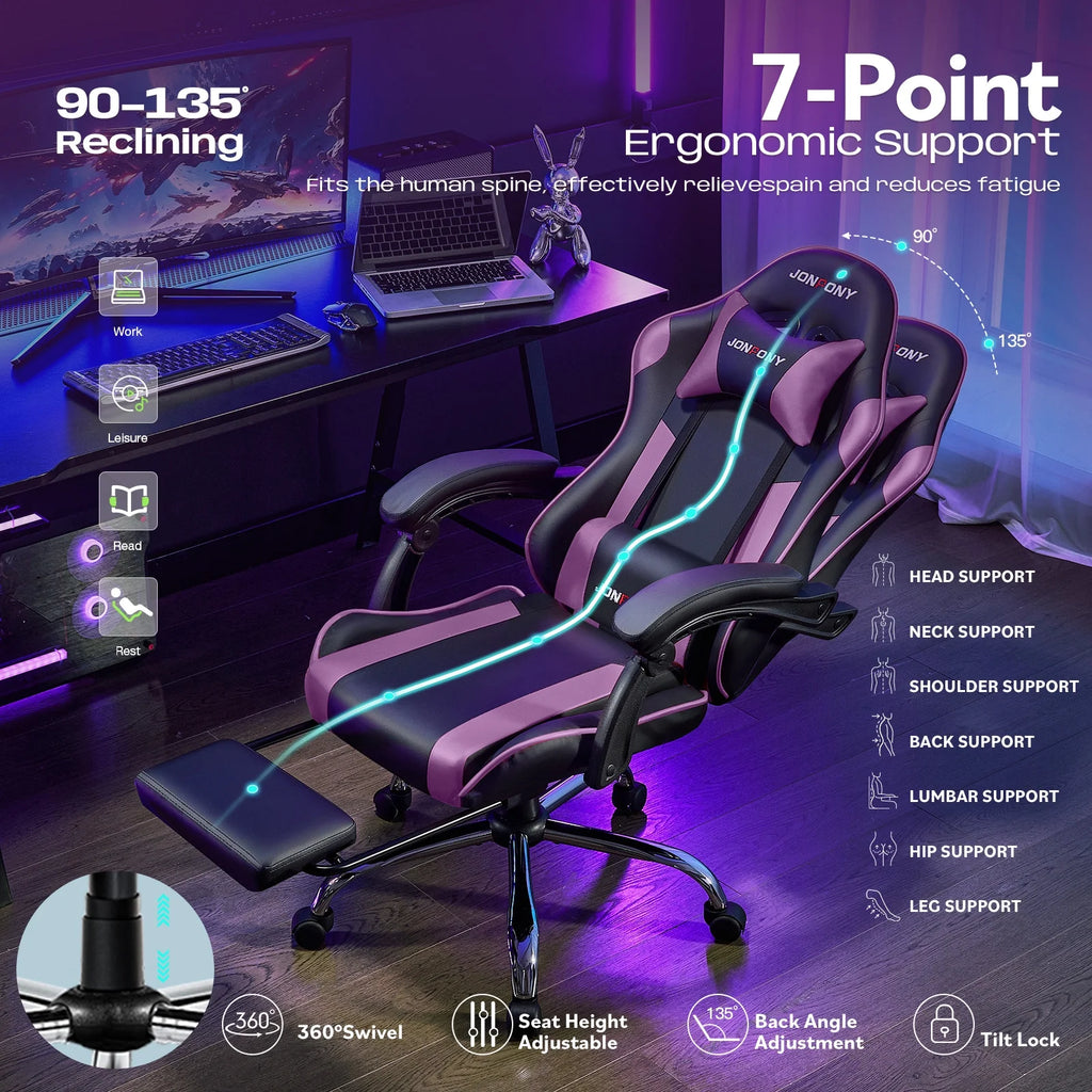 JONPONY Big and Tall Gaming Chair, Ergonomic Design, Gamer Chair PU Leather with Footrest and Lumbar Support, High Back Office Chair Support 8 Hours Long Sitting, Computer Chair,Black Grey