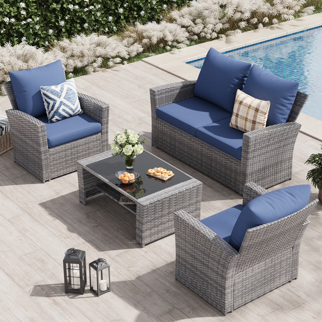 UDPATIO Wicker Patio Furniture Set, 4 Piece Outdoor Sectional Conversation Sets, Gray PE Rattan Patio Sofa Set for Balcony, Porch, Backyard, Grey