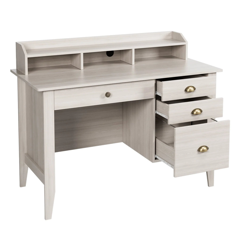 Homfa 47 in Computer Desk, Home Office Writing Table with 4 Drawers and Hutch Shelf, Sturdy Desk with Spacious Desktop, Oak White Finish