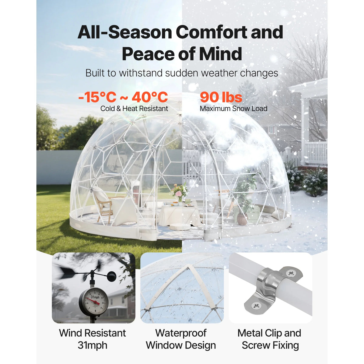 KFFKFF Outdoor Garden Dome, 15 x 9.5 ft Clear Bubble Tent for 10-14 People, Weather-Resistant Geodesic Greenhouse with Window, PVC Dome Tent for Patios, Camping, Parties, and Weddings