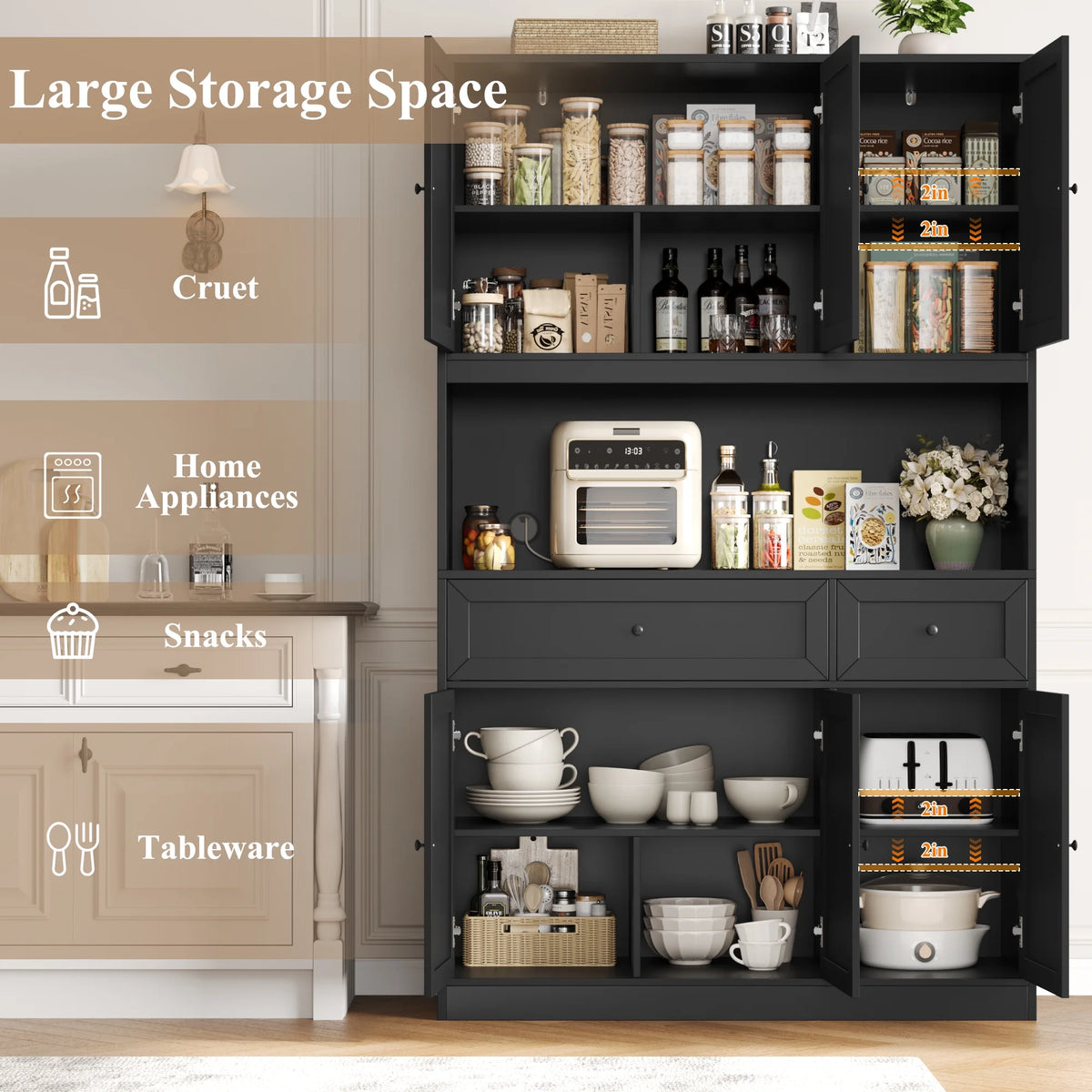 Homfa 72" Tall Kitchen Pantry with Microwave Shelf, Freestanding Kitchen Cupboard, Floor Cabinet for Dining Room, White