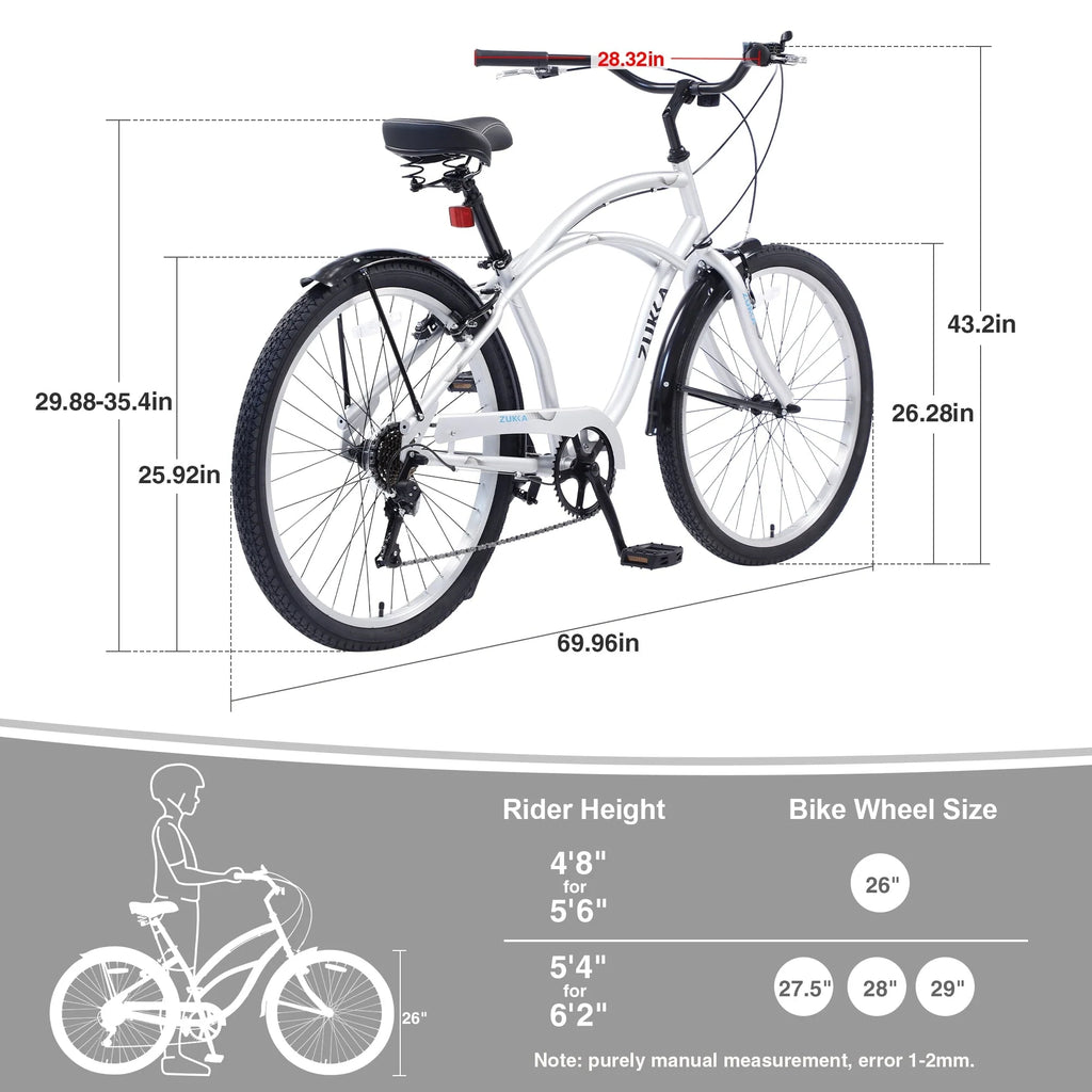 7 Speed Cruiser Bike for Men Women, 26 inch Adult Cruiser Bike, Silver