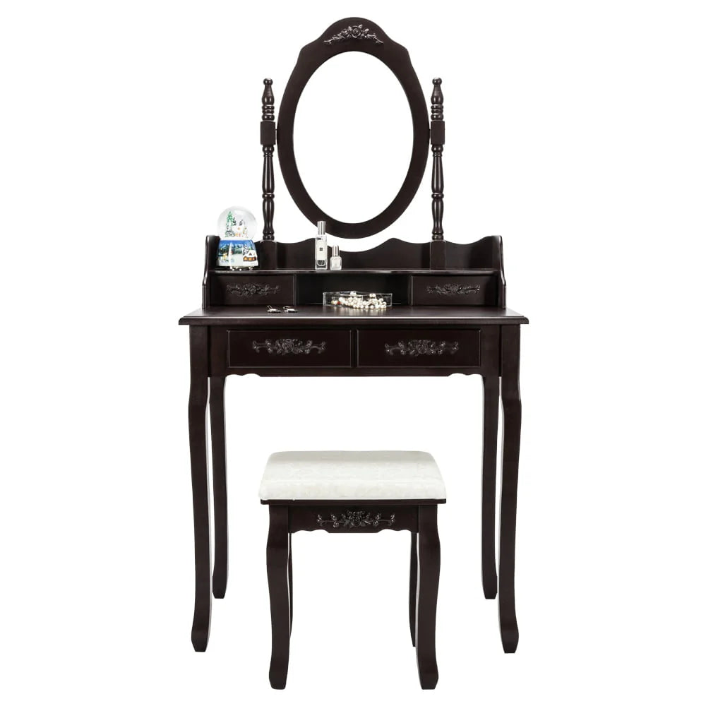 UBesGoo 4 Drawer Vanity Makeup Dressing Table Set w/Stool&Mirror Jewelry Wood Brown