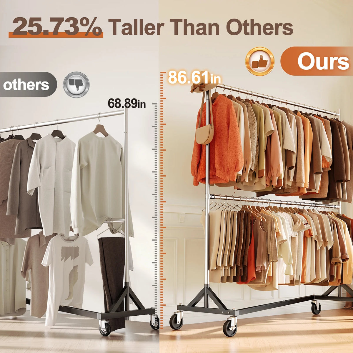 HOKEEPER 400LBS Commercial Z Base Garment Rack Heavy Duty Clothing Rack Height Adjustable Rolling Clothes Rack for Hanging Clothes Racks on Wheels Portable Z Rack Chrome Finish