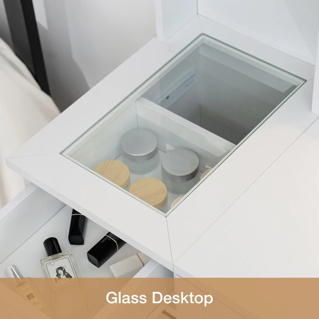 Hommpa Vanity Desk, Makeup Vanity with LED Lighted Mirror Vanity with Glass Top Drawers Vanity Table with Charging Station for Girls Bedroom Large Storage Cabinet Shelves, White