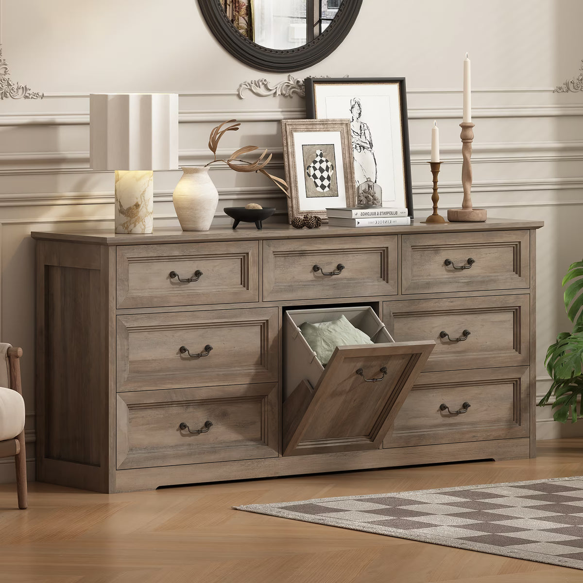 63" Wide Farmhouse 7-Drawer Dresser with 2 Laundry Hamper for Bedroom,Chest of Drawers, Gray Finish, Vintage Black Handles, Living Room Storage Cabinet,Gray