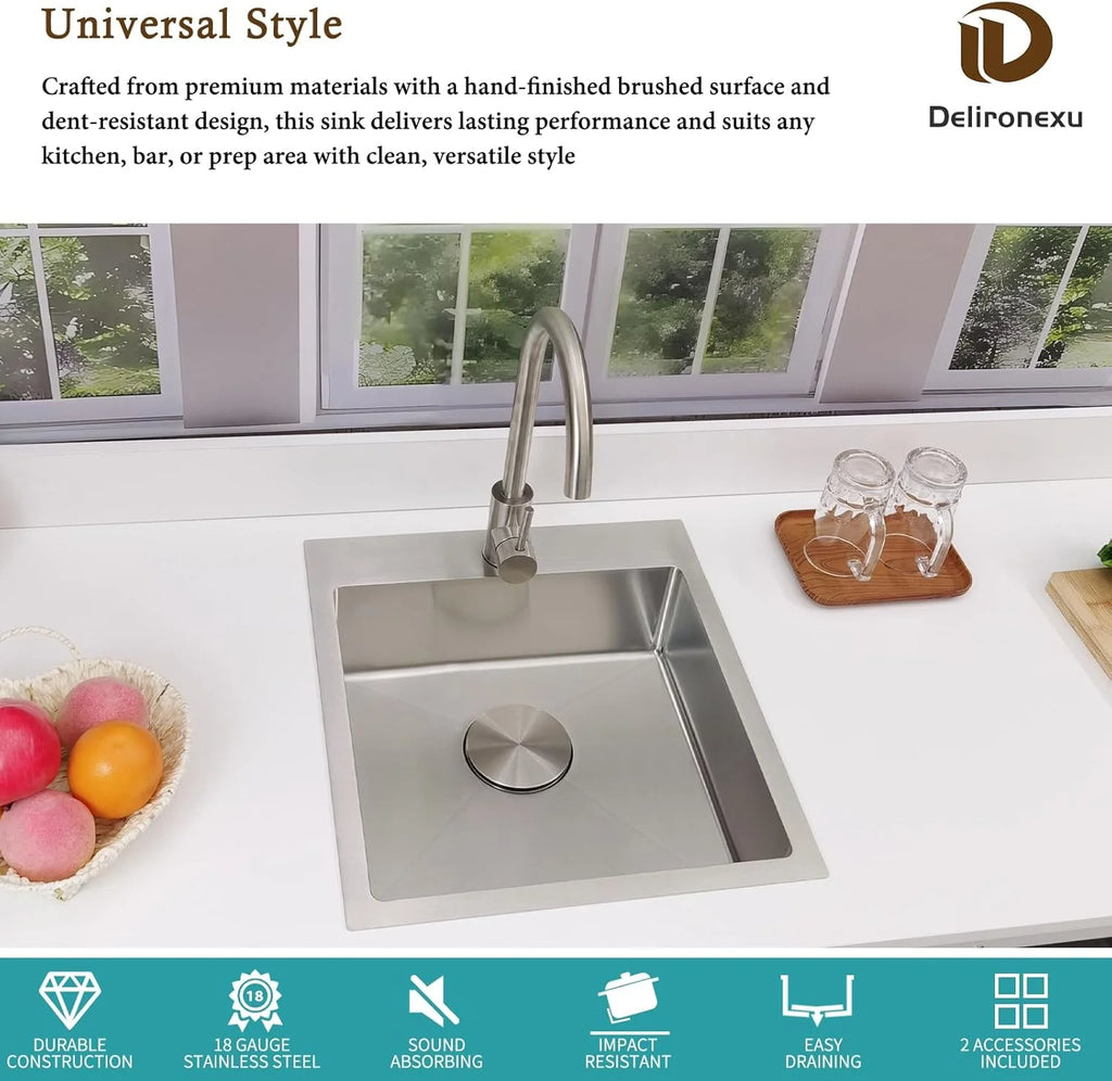 17 Inch Bar Sink Drop In �C  Small Kitchen Sink, Modern 18 Gauge Stainless Steel sink with Brushed Finish, 17"x19"x6" Single Bowl kitchen Sinks for RV, Prep, and Outdoor Use