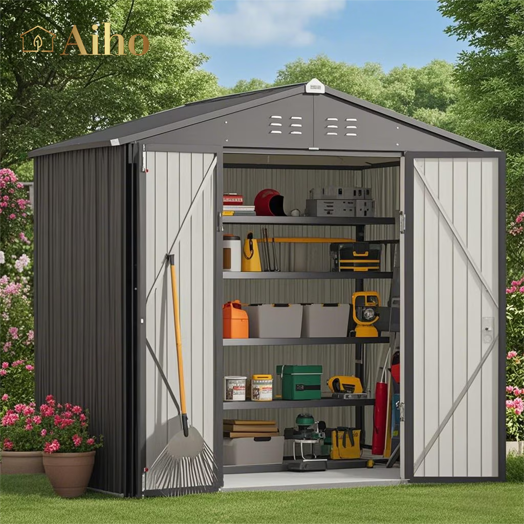 8x6 ft Outdoor Storage Shed on Sale, Sheds & Outdoor Storage with Lockable Doors, Metal Garden Shed by Durable Galvanized Steel for Patio, Lawn - Dark Gray