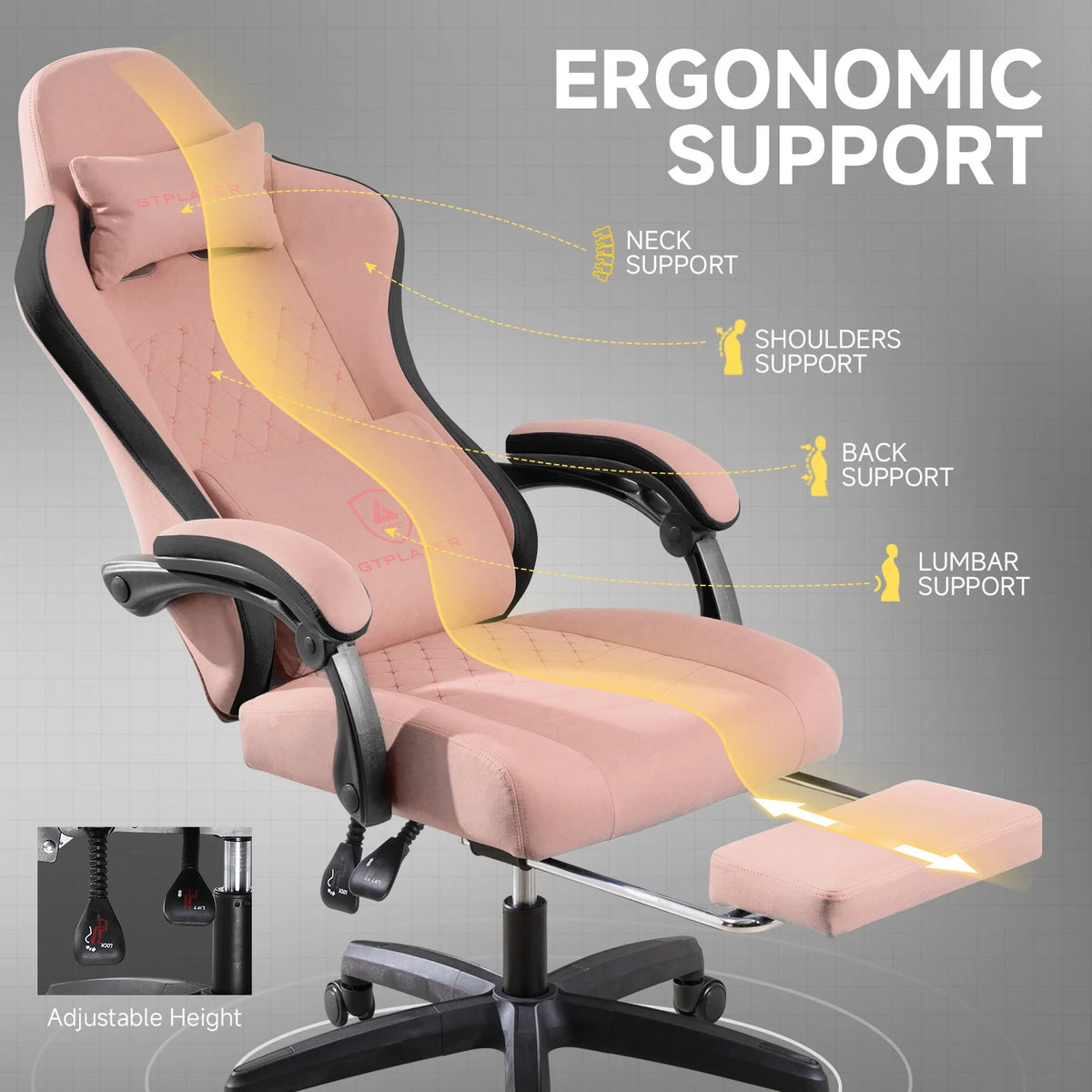 GTPLAYER Ergonomic High Back Pocket Spring Cushion Gaming Chair with Footrest & Linkage Armrests, Black