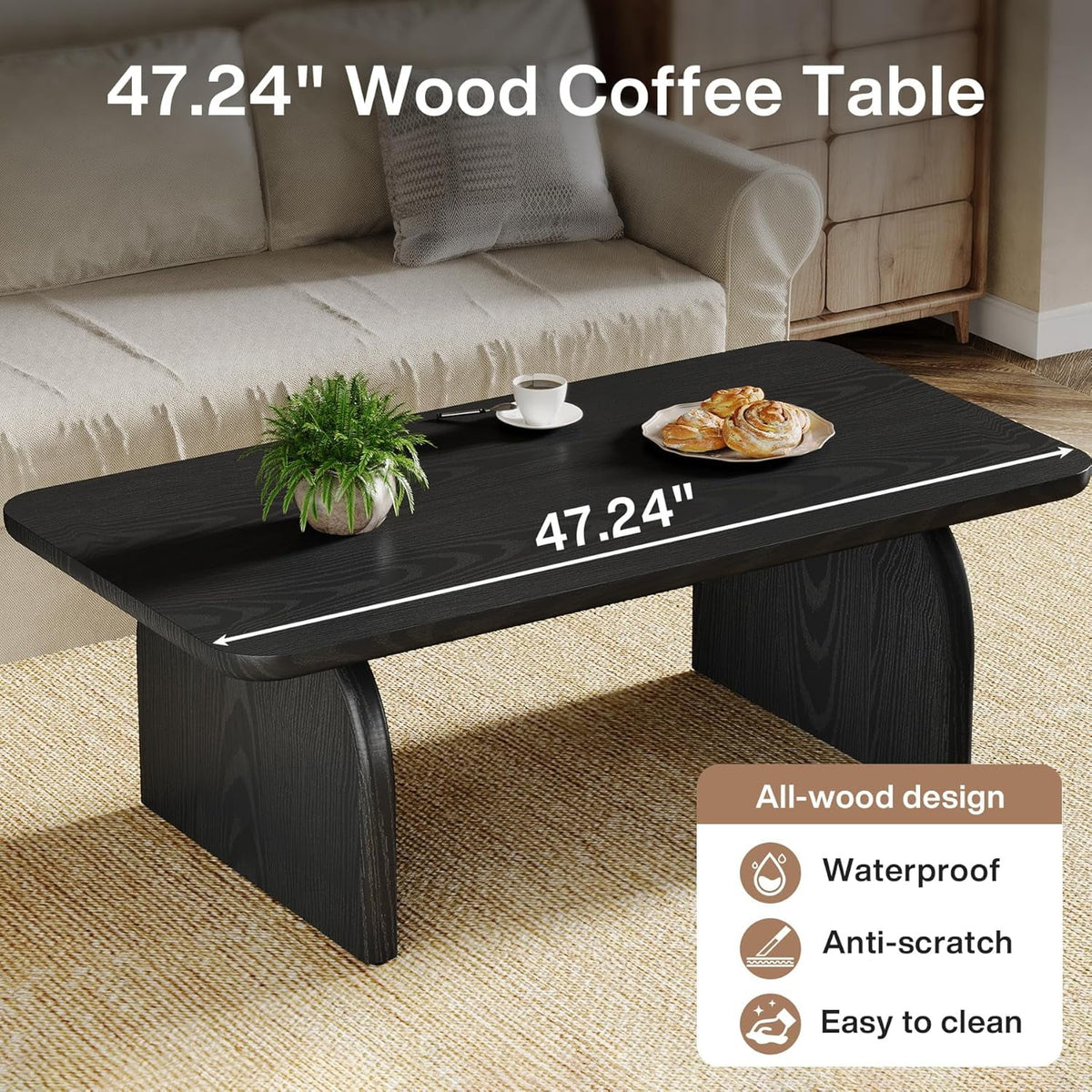 Tribesigns Rectangle Coffee Table, 47-Inch Wood Rectangular Living Room Table